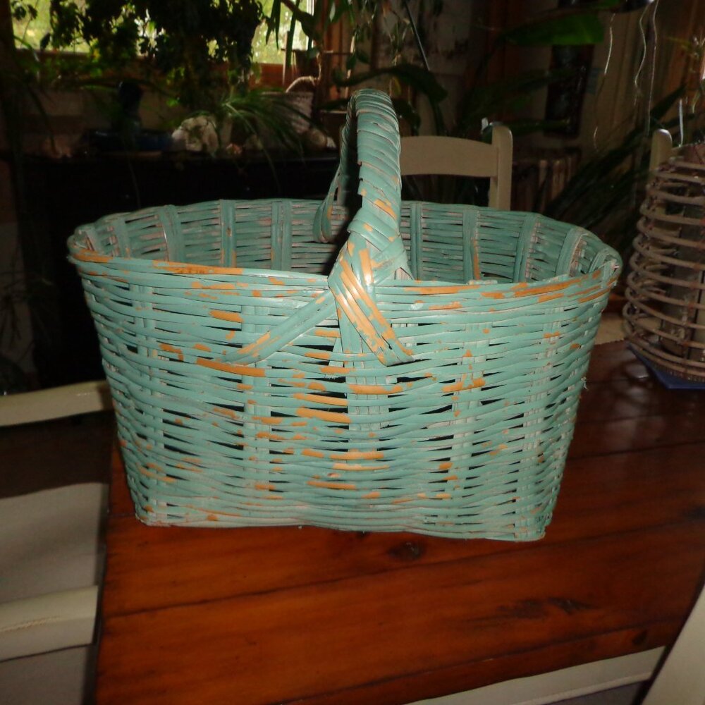 Painted Handled Wicker Basket Distressed Aqua Sturdy